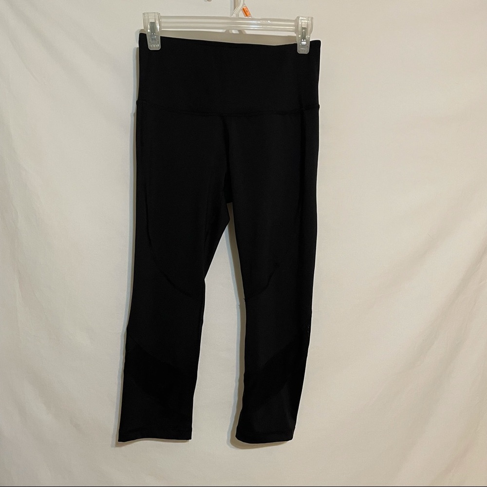 Reebok Logo Black Cropped Athletic Leggings Sheer Mesh Yoga Pants Workout Sz S